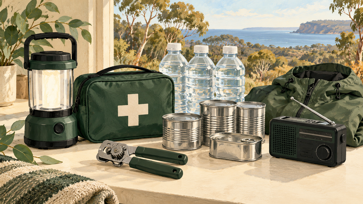 Illustration of household emergency supplies including drinking water, food tins, a first-aid pouch, lantern and radio.