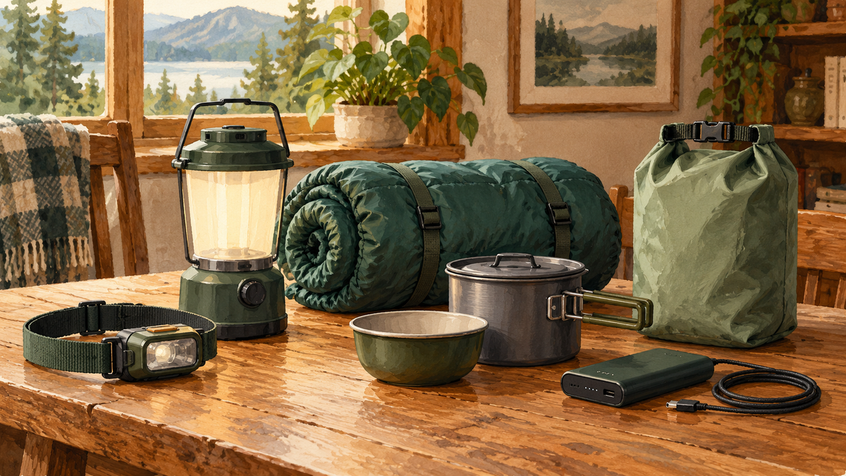Illustration of camping equipment useful during a blackout: headlamp, lantern, sleeping bag, dry bag, cookware and power bank.