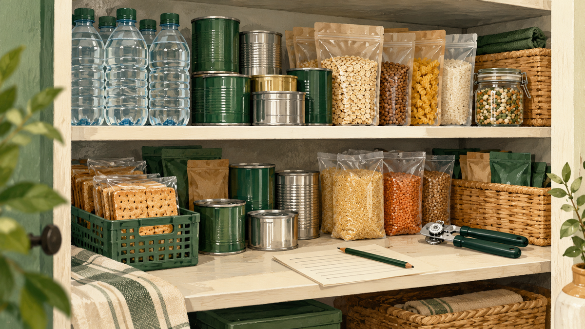 Illustration of an organised emergency pantry with sealed food tins, dry food packets, bottled water and a manual can opener.