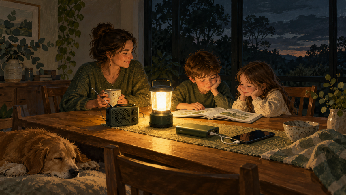 Illustration of a family reading by a battery lantern during a blackout, with a radio and phone charging from a power bank.