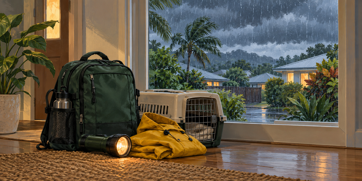 Illustration of a packed emergency bag, torch, raincoat and pet carrier indoors as storm clouds approach Queensland homes.