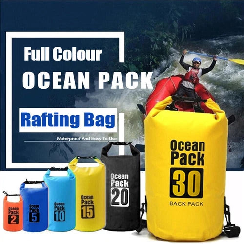Black 10L dry bag; comparison image shows other sizes and colours