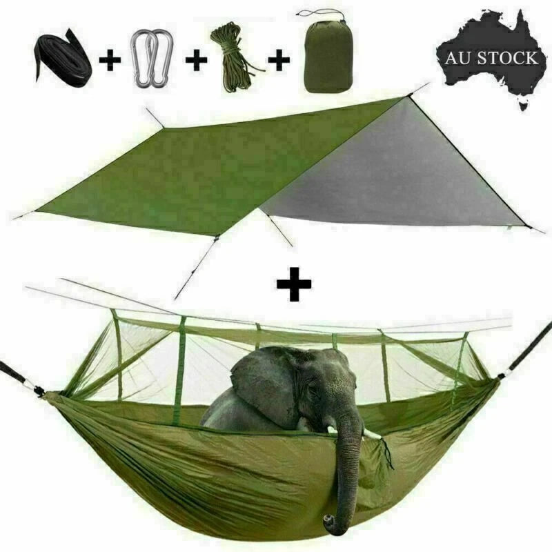 Hammock with mosquito net, rain tarp and straps